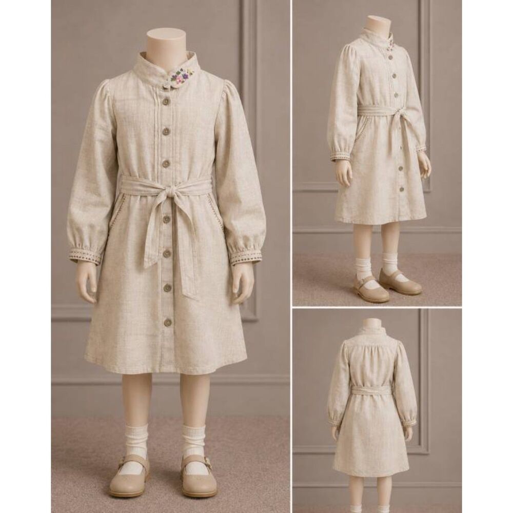 Girls Linen-Blend Button-Front Shirt Dress with Tie Belt, Size 8-9